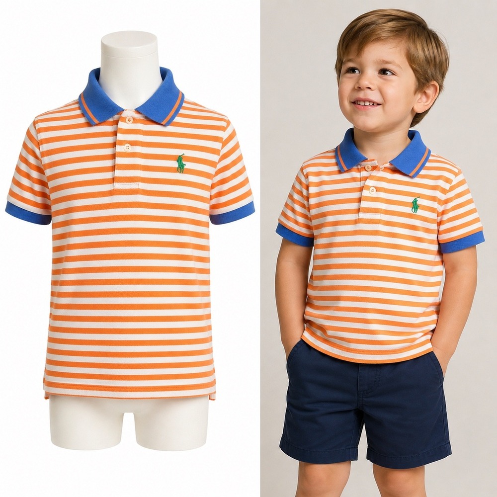 Vintage Polo Ralph Lauren Polo Shirt Kids 2T Orange White Striped Pony Logo